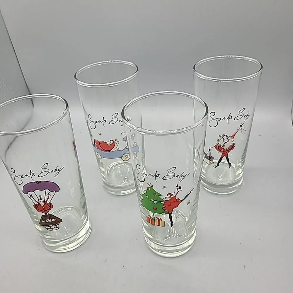 Set (4) Pottery Barn Highball Drinking Glasses  Christmas “Santa Baby” New